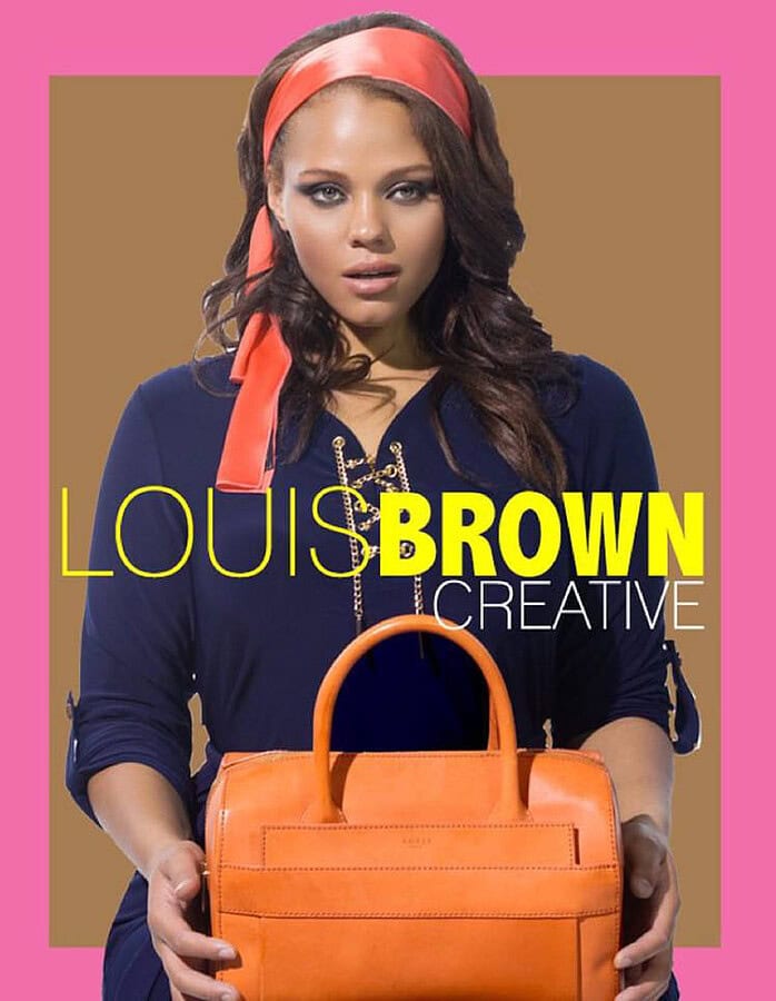 Fashion campaign layout with a model holding an orange handbag and Louis Brown Creative typography.