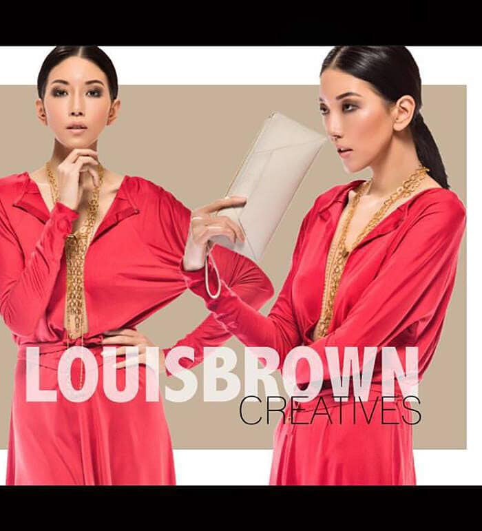 Editorial layout showing two fashion images of a model in a red dress with a white clutch.