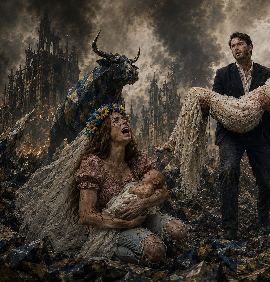 Dramatic digital artwork depicting war's suffering: a grieving woman clutching a baby, a man carrying a wounded woman, amid fire and dark apocalyptic ruins
