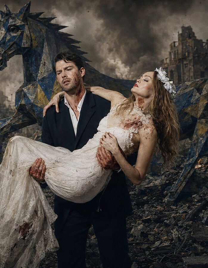 Contemporary Guernica-inspired photorealistic scene with civilians in rubble, a man carrying an injured woman, a mother holding a child, fractured horse and bull forms, smoke, and burning ruins.