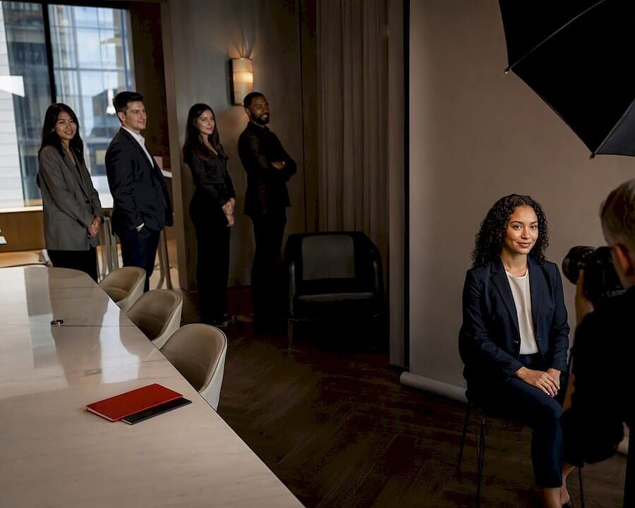 Photographer running a company headshot day