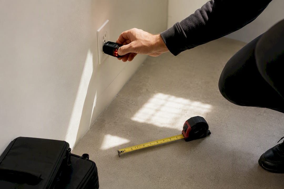 Tape measure and plug tester during location scout