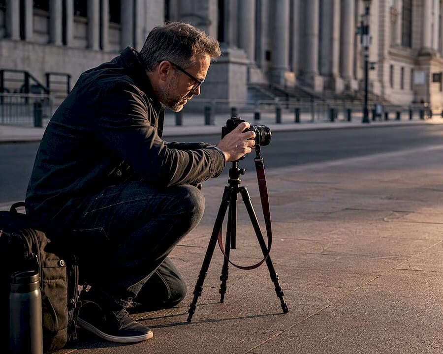Photographer setting up sidewalk shoot in Manhattan