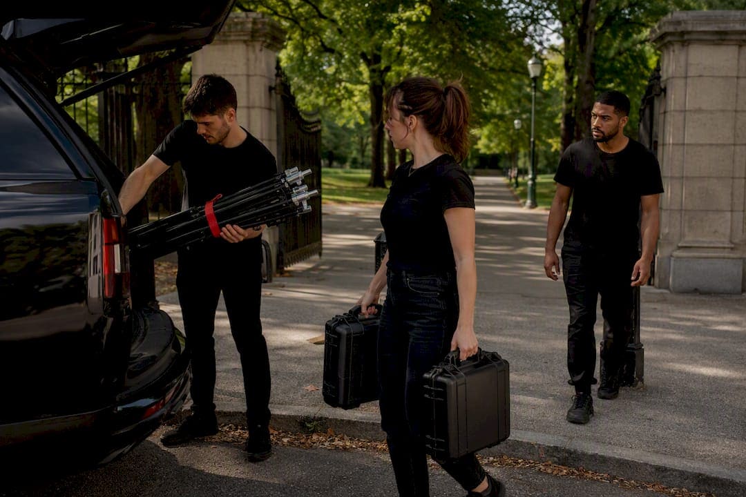 Crew unloading equipment at NYC park entrance