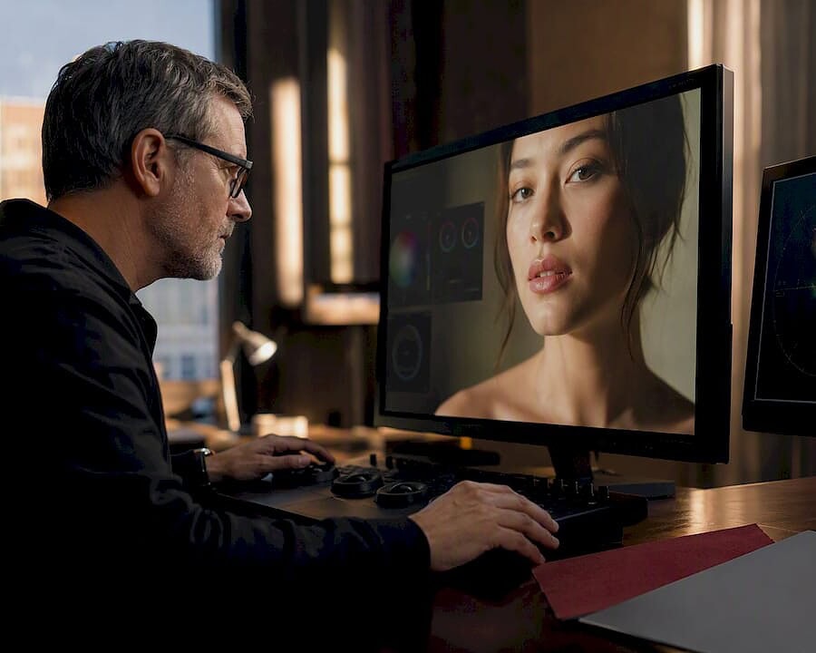 Colorist reviewing skin tones on calibrated monitor