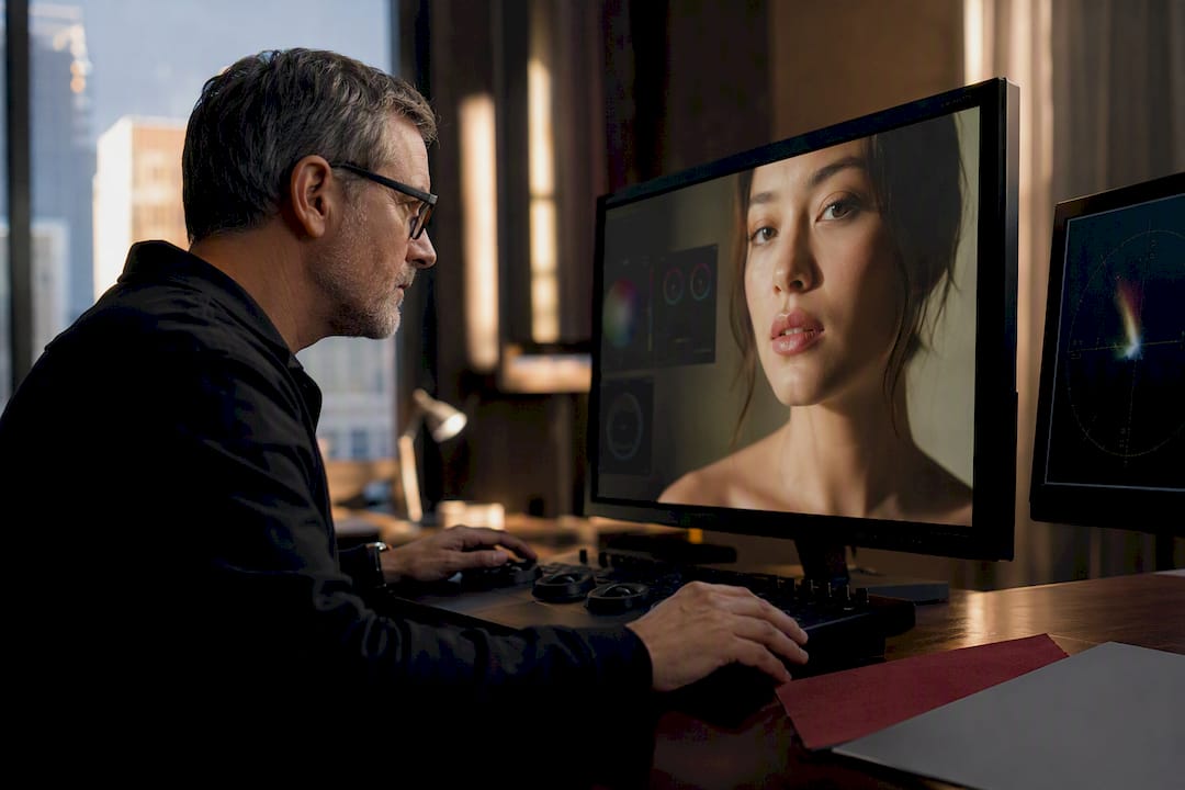 Colorist reviewing skin tones on calibrated monitor