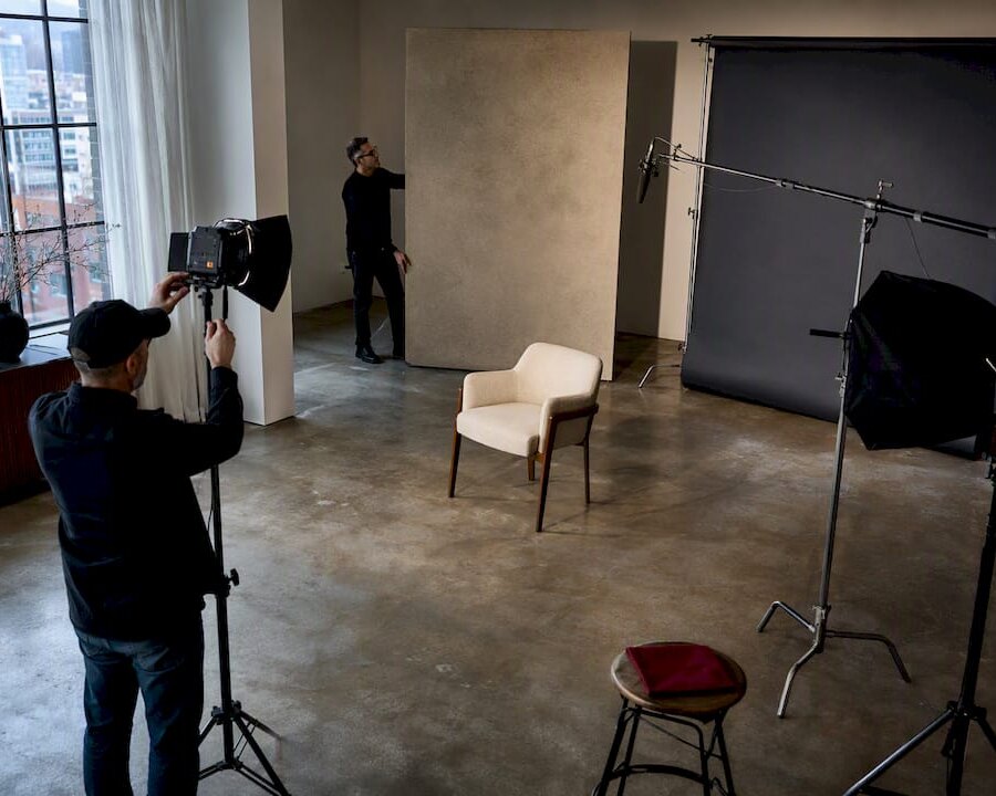 Interview set with contrasting backdrop options