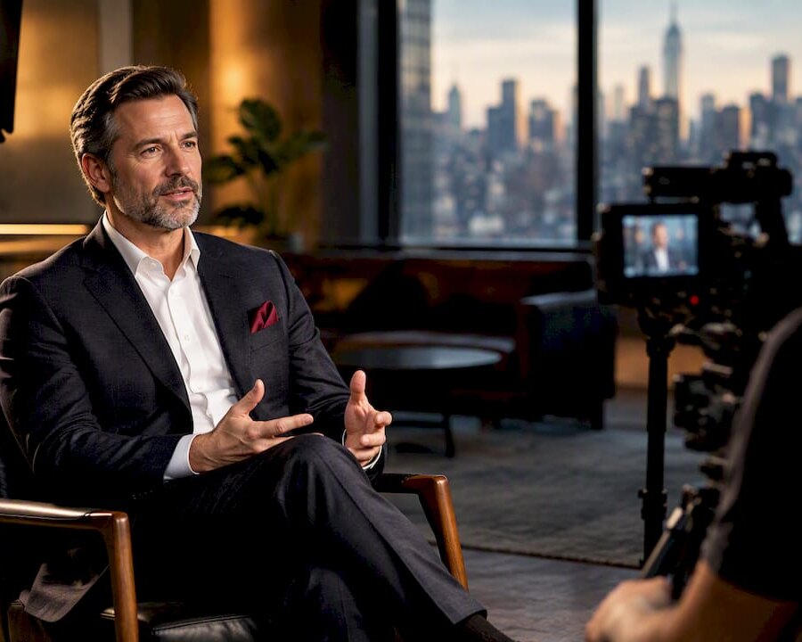 Executive answering questions during studio interview
