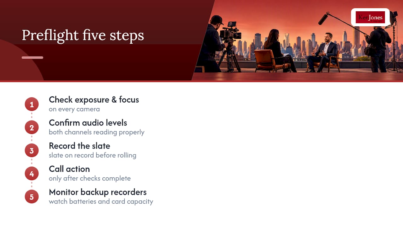 Five-step multicamera interview preflight