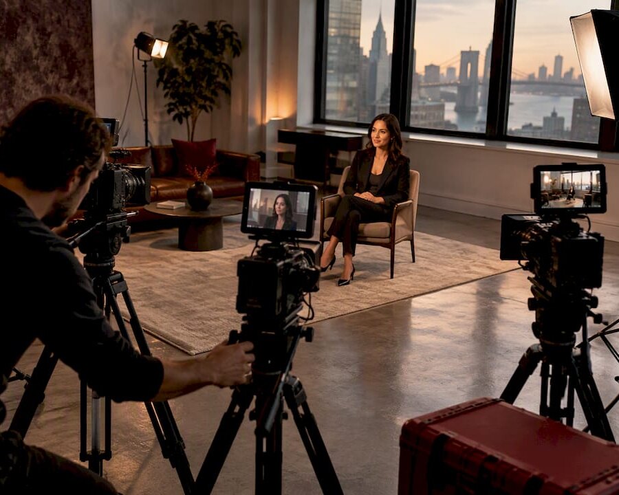 Three cameras framing a New York interview