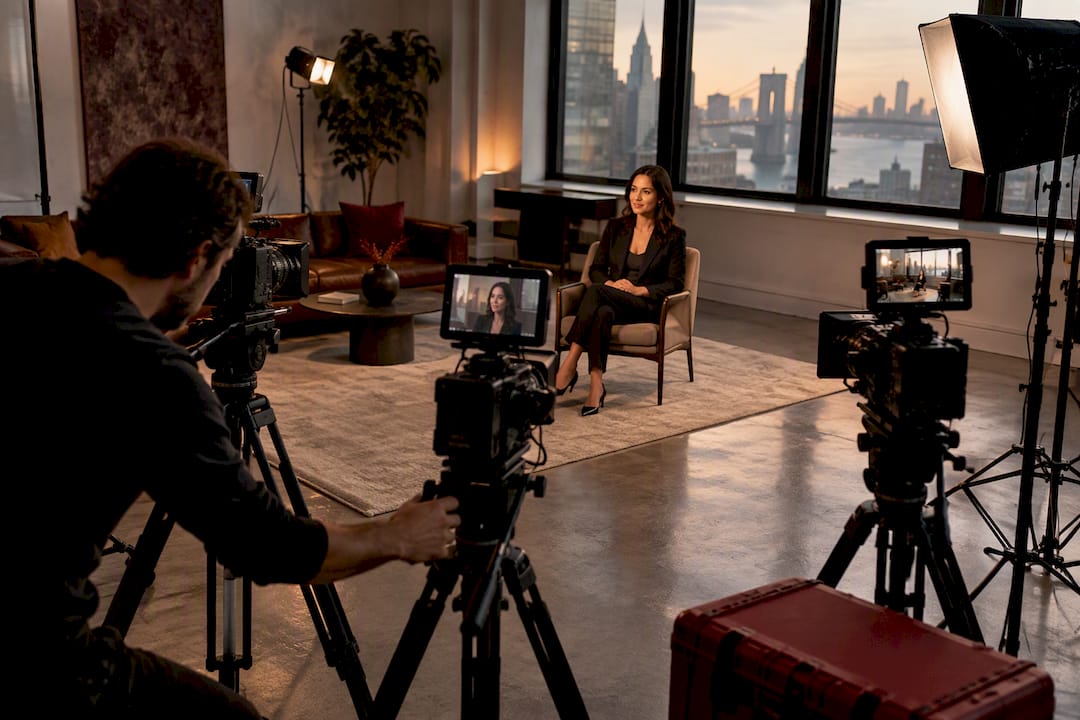 Three cameras framing a New York interview
