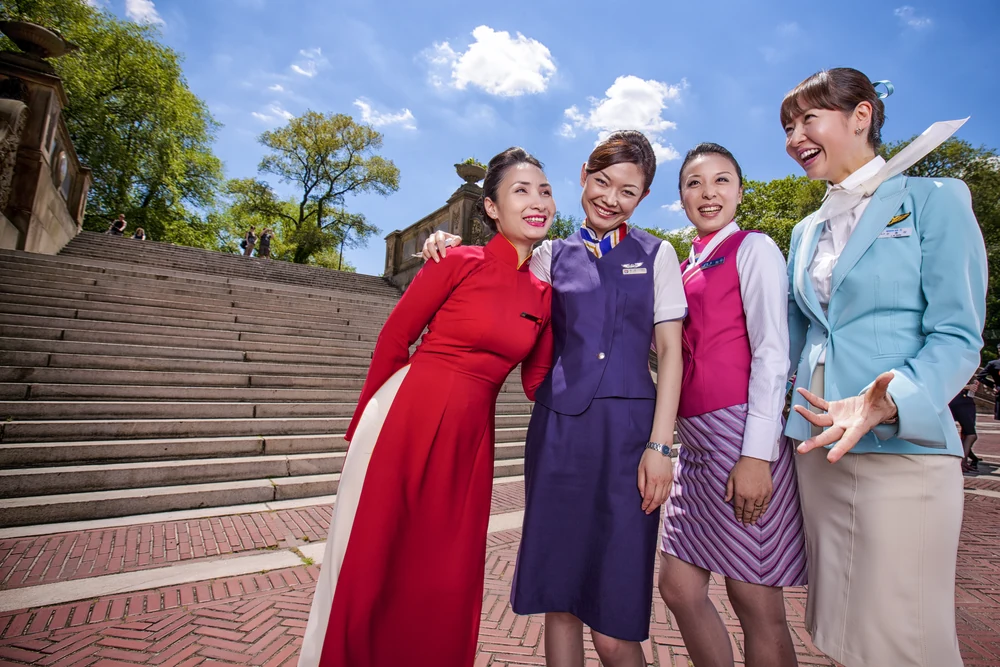 SkyTeam airline crew members photographed together in Central Park New York