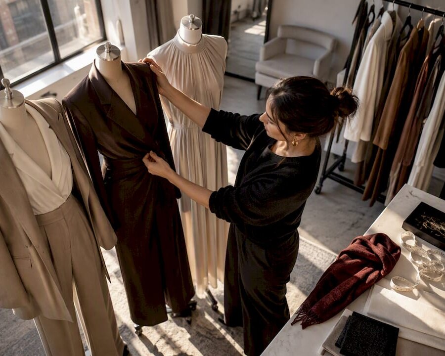 Wardrobe coordinator comparing three fashion looks