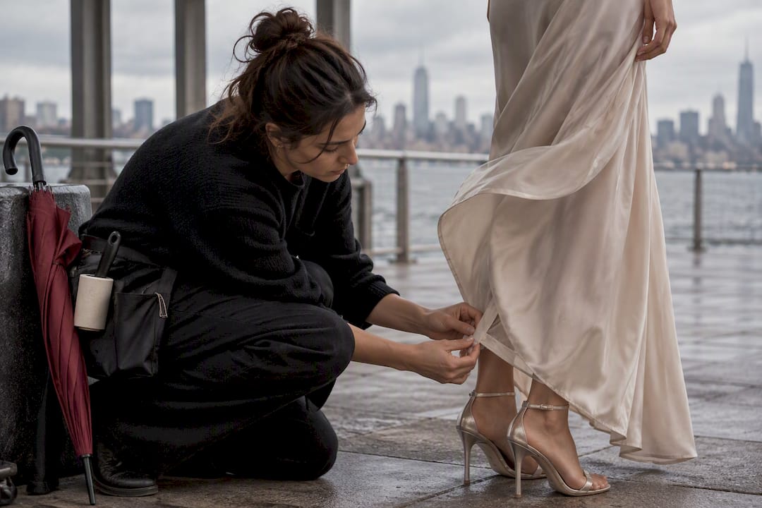 Assistant securing garment hem against waterfront wind