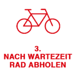 Fahrrad mit rotem Rahmen, Warteschlange, Abholung nach Wartezeit.
