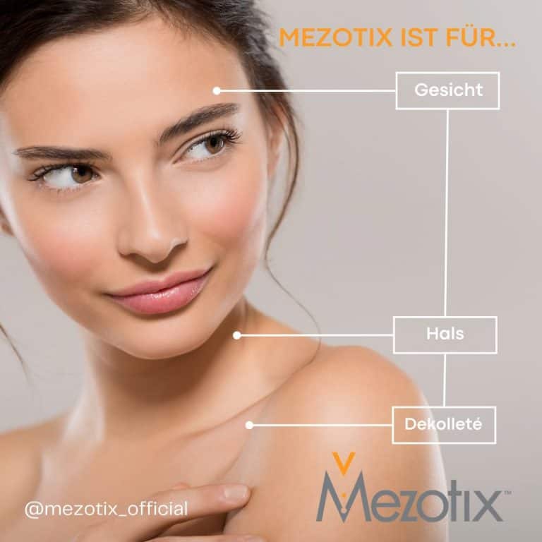 Frau mit glatter Haut, zeigt Gesicht, Hals und Dekolleté für Mezotix-Behandlung.