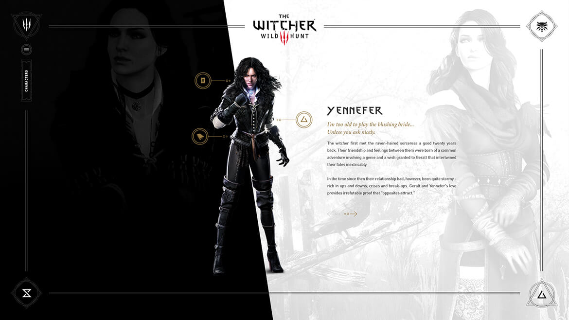 A fierce female character from The Witcher video game series, dressed in black armor, standing confidently.