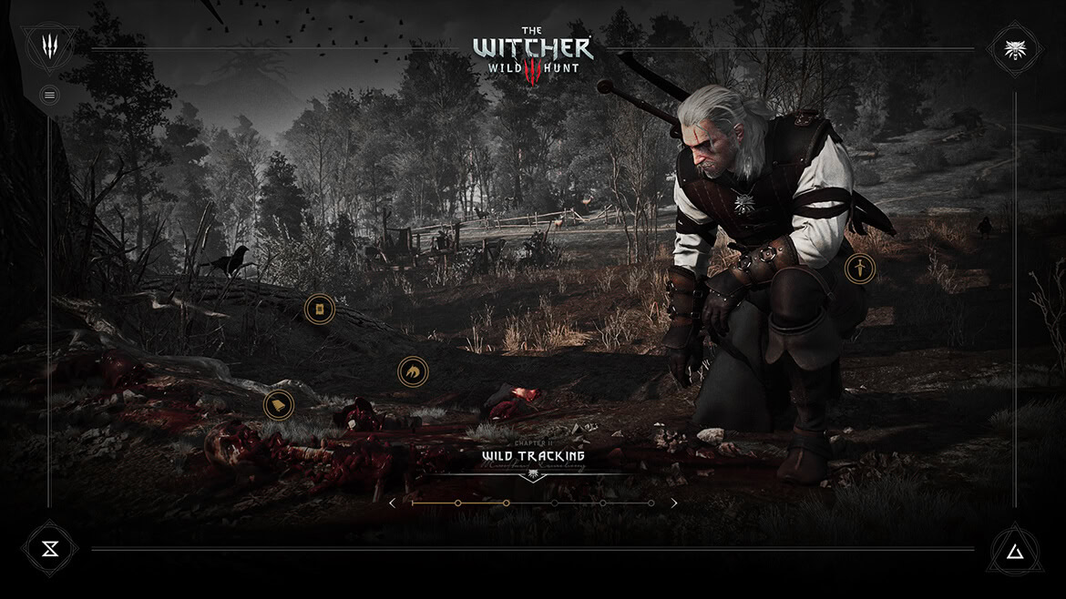 A man with white hair and beard, dressed in medieval clothing, kneels beside a fallen creature in a forest.