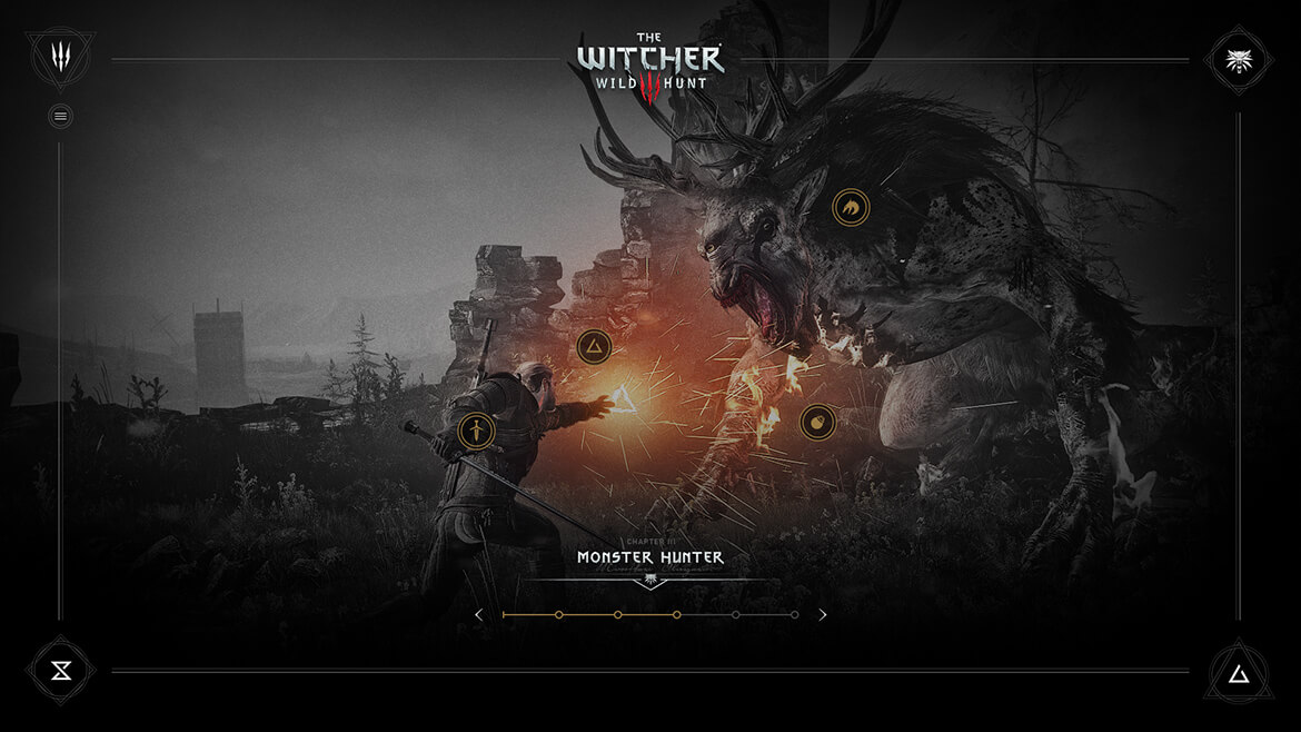 A hunter aiming a crossbow at a large, snarling monster with antlers in a dark, ruined landscape.