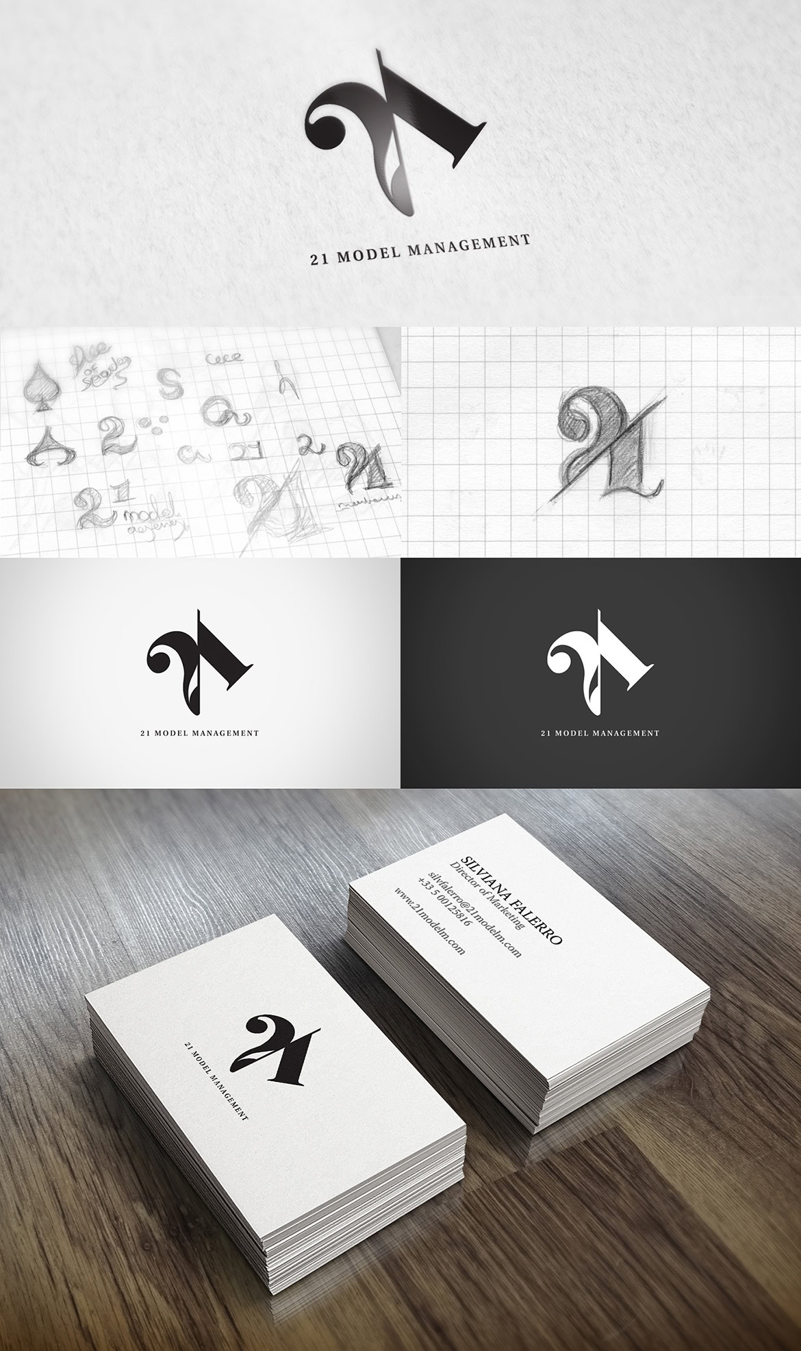 Collection of sketches, logo designs, and printed business cards on a wooden surface.