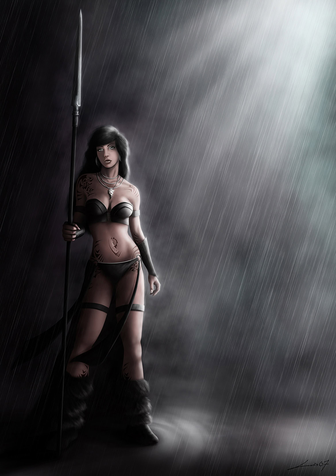 A fierce woman in dark armor holding a spear stands in the rain with a stormy sky behind her.
