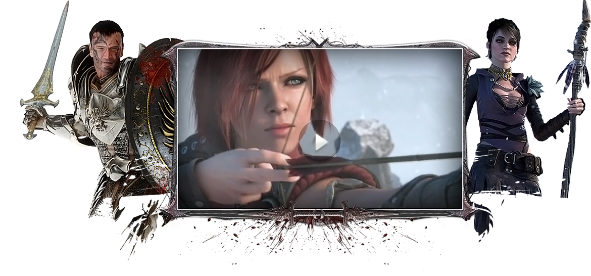 A woman with red hair aiming a bow, flanked by two fantasy warriors with swords and weapons.