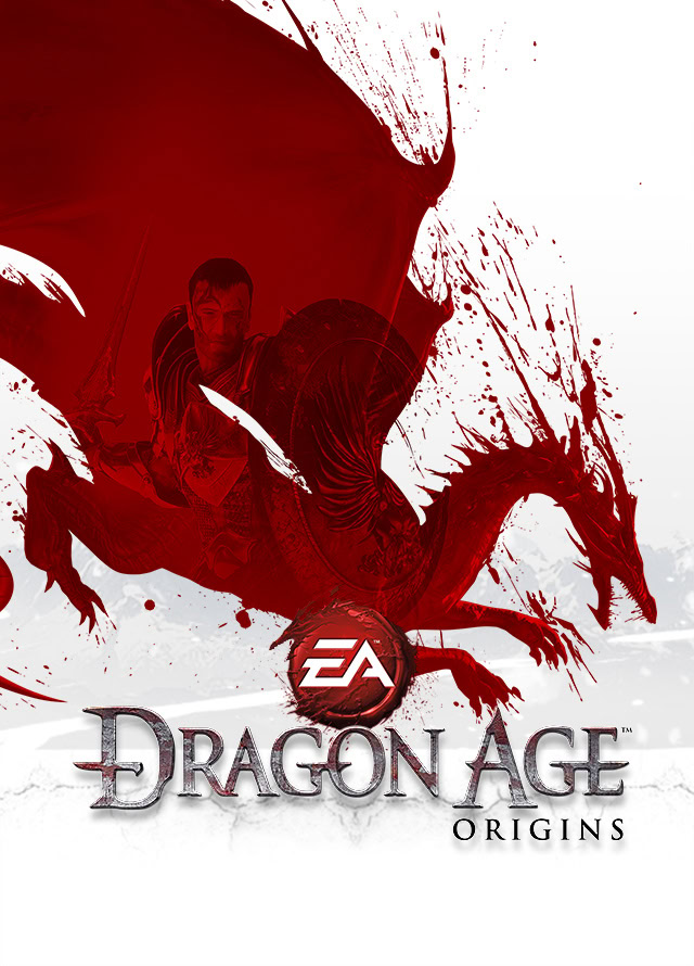 A fierce warrior riding a dragon with splashes of red and white background, featuring the EA and Dragon Age Origins logos.