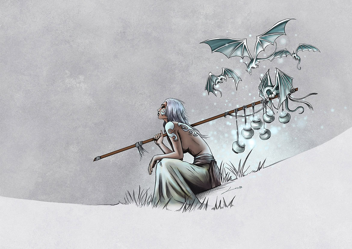 A woman with long hair sitting on a hill, holding a staff with flying bats above her.