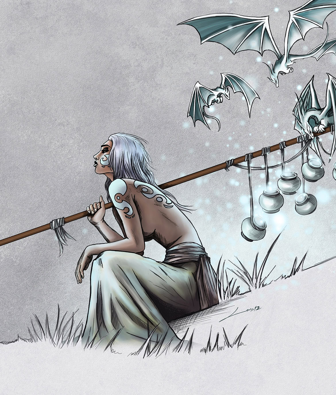 A woman with long white hair and tattoos sitting on the ground, holding a staff with hanging bells, surrounded by flying bats.