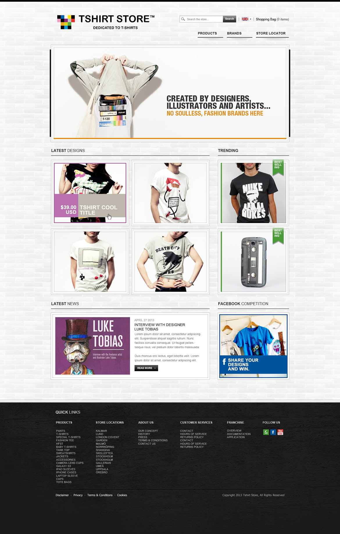 A person with arms raised, standing behind a large display of T-shirts and design tools on a website homepage.