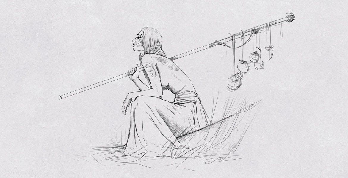 A woman sitting on a rock with a fishing rod resting on her shoulder, with several fishing lines and hooks hanging from the rod.