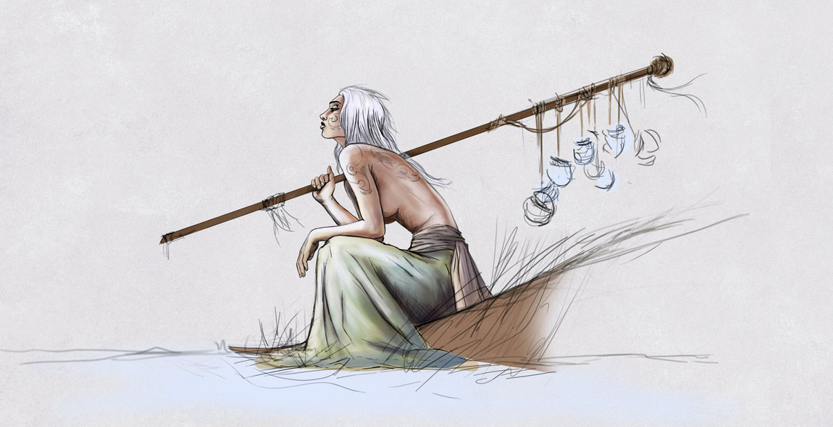 A woman with long white hair sitting on a boat, holding a pole with hanging cans.