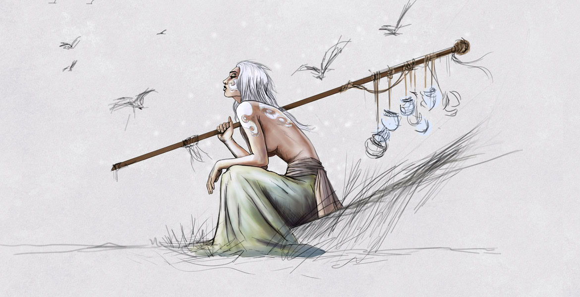 A woman with long white hair sitting on the ground, holding a fishing pole with hanging lanterns, surrounded by flying birds.