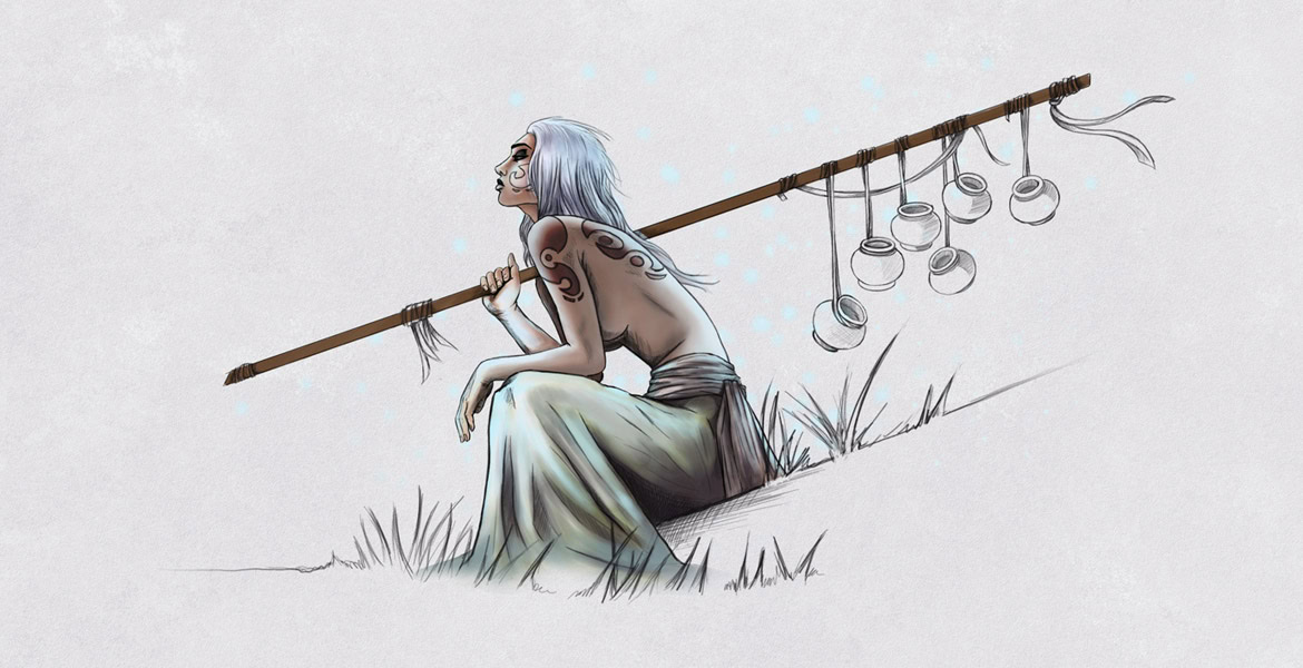 Woman with long white hair sitting on grass, holding a fishing pole with empty glass jars hanging from it.