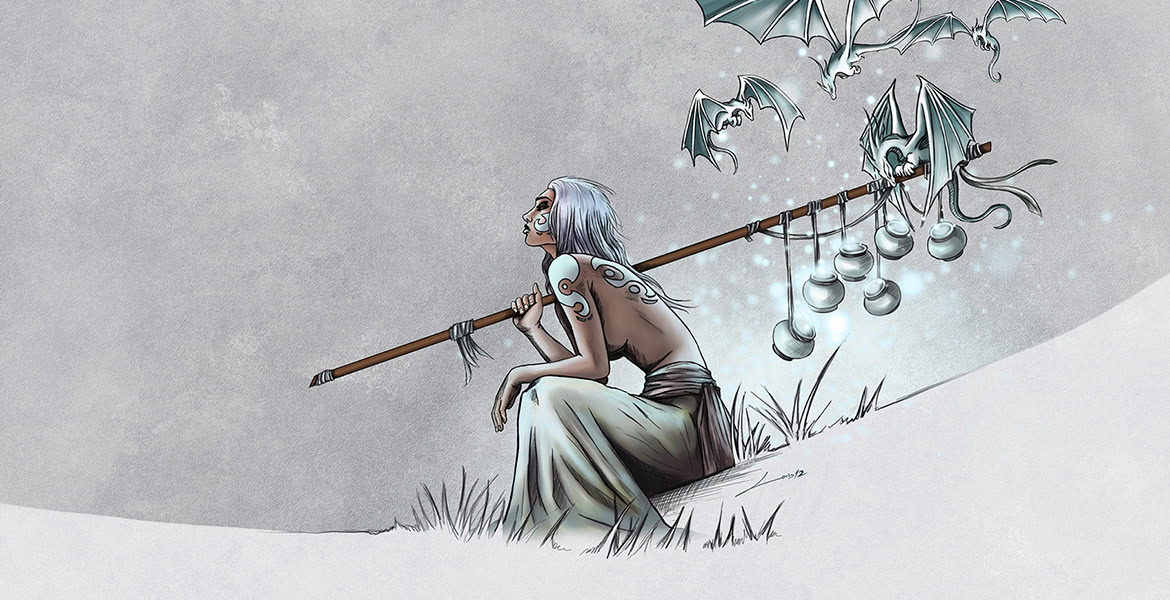 A woman sitting on grass, holding a staff with hanging bat-shaped lanterns, under a cloudy sky.