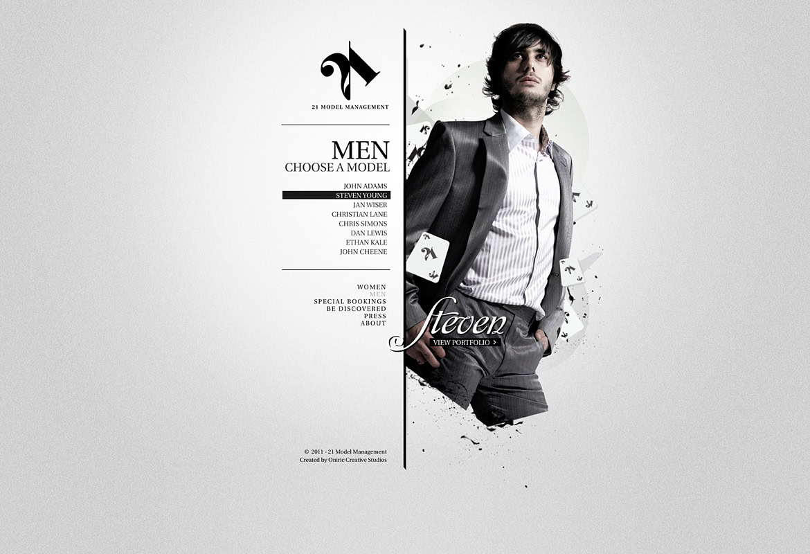 A man in a suit holding playing cards, with text about men's fashion and model selection on a white background.