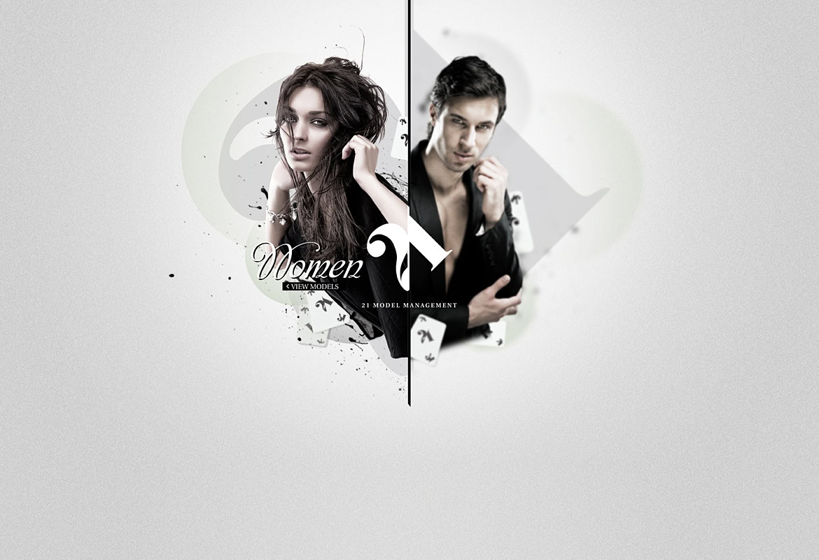 A woman and a man are shown side by side, with a split design and abstract graphic elements behind them.
