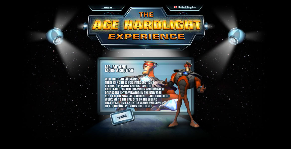 The Ace Hardlight Experience logo with a space-themed background, featuring a character in a superhero costume and a speech bubble.