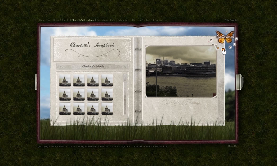 A vintage scrapbook open on grass, displaying photo thumbnails on the left and a black-and-white cityscape on the right.