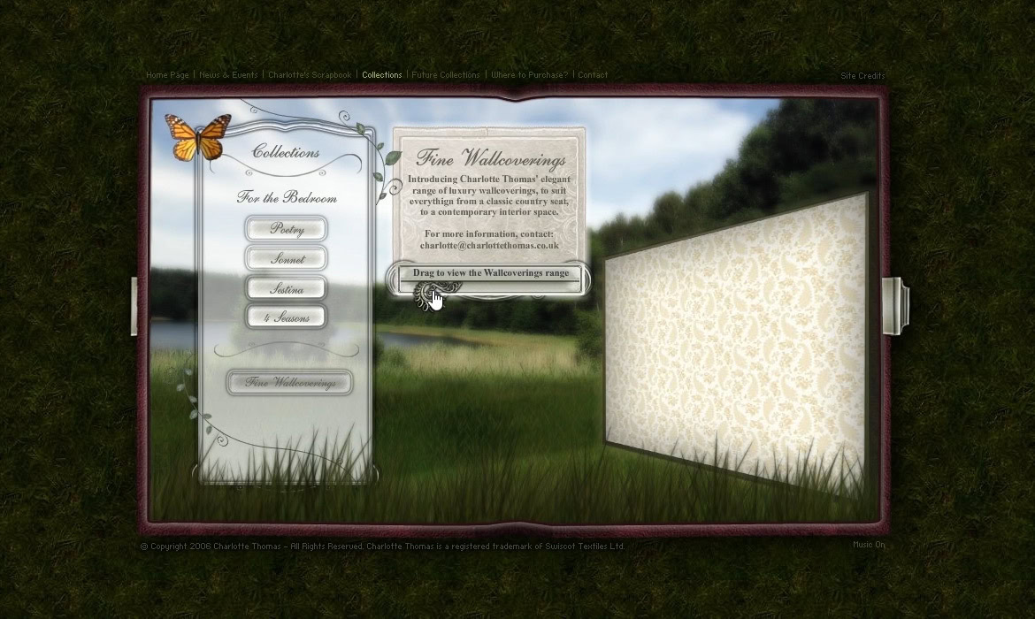 A lush green outdoor scene with a digital interface overlay, featuring a menu and a blank patterned panel.