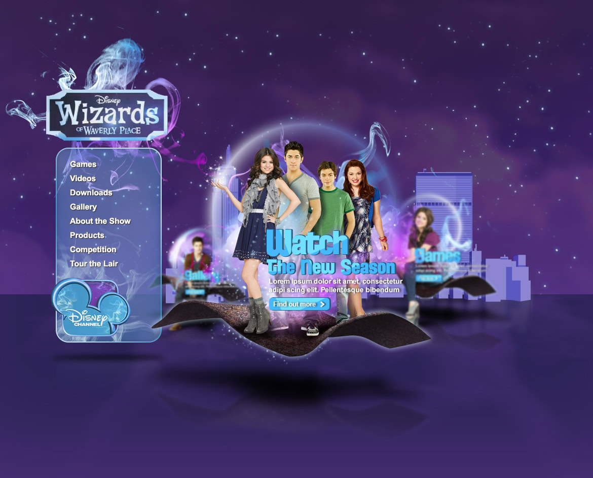 Group of four young people standing in front of a digital fantasy-themed background with game menu and promotional text.