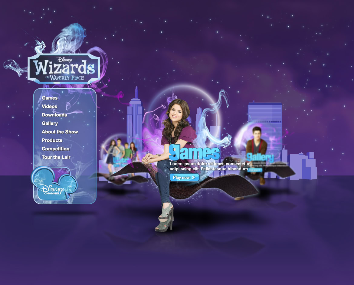 A young girl sitting on a magic book in front of a cityscape with digital game and gallery options, themed around Disney Wizards of Waverly Place.