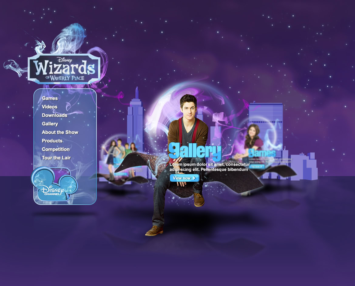 A young man performing a magic trick in front of a digital cityscape with a wizard-themed interface and characters.