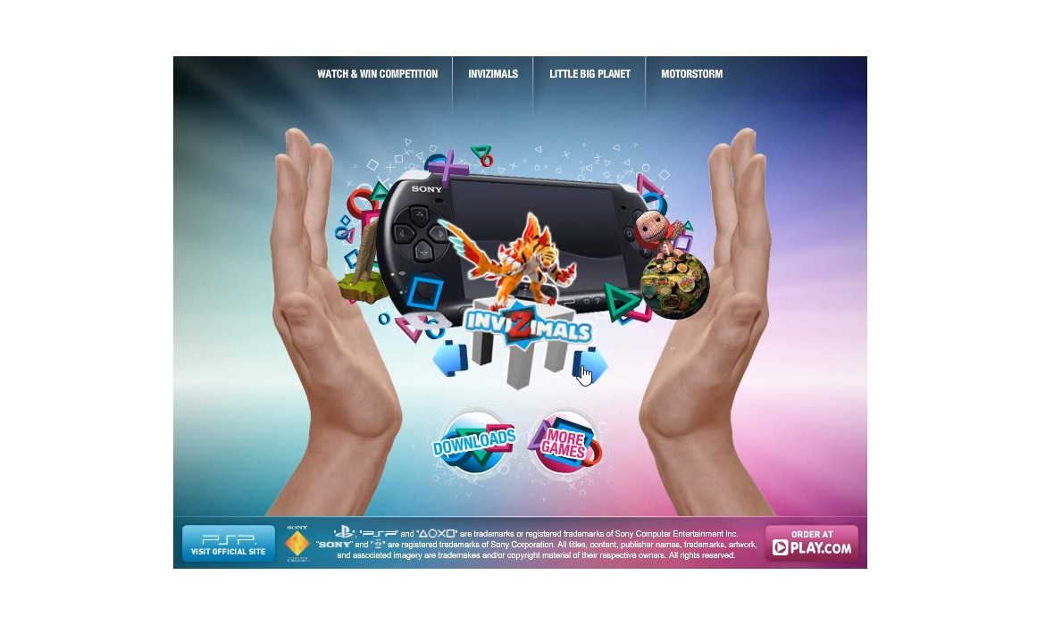 A pair of hands holding a handheld gaming console with animated characters and game icons floating around.