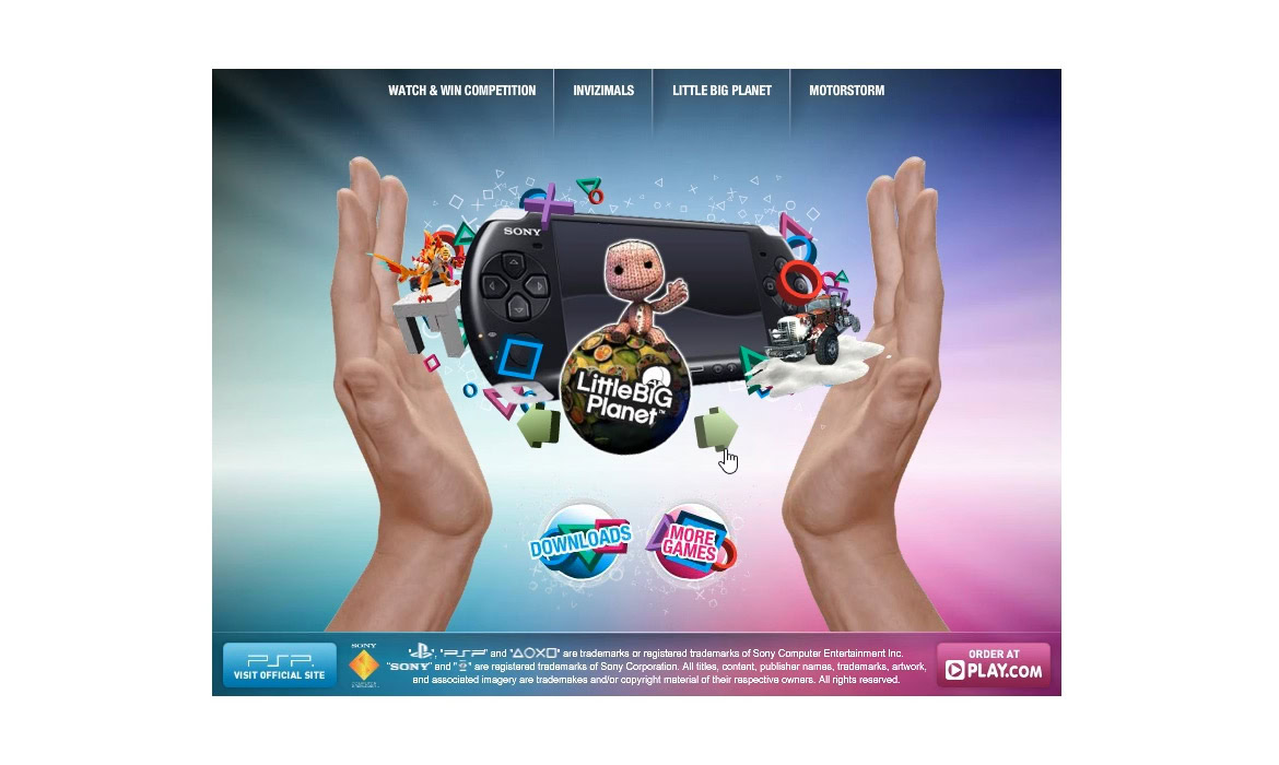 A person holding a smartphone displaying Little Big Planet game characters and icons, with hands framing the screen and a blue background.