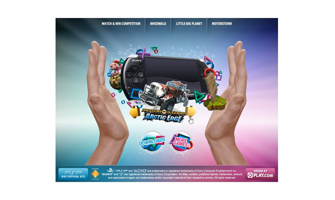 A pair of hands holding a PlayStation Portable with gaming icons, cars, and characters around it.