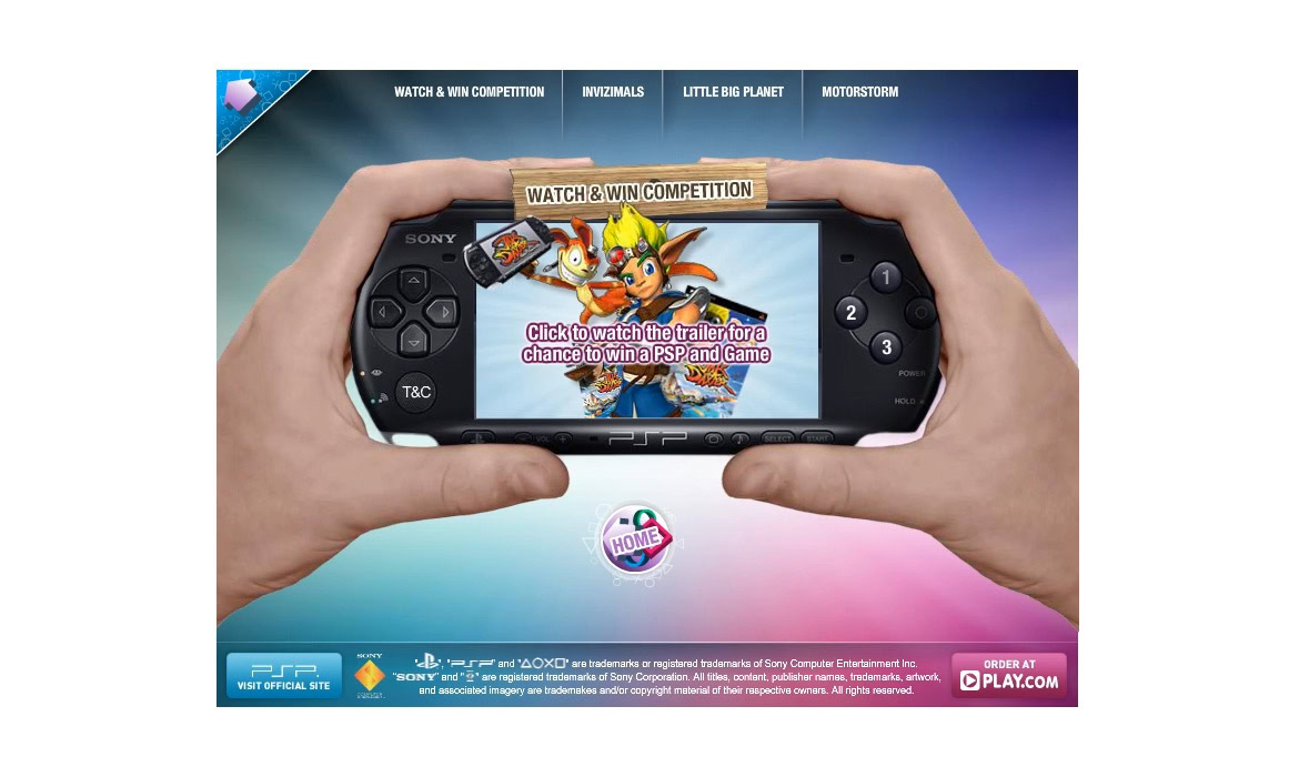 Watch handheld gaming console displaying game characters and promotional content, with a colourful background and navigation menu at the top.