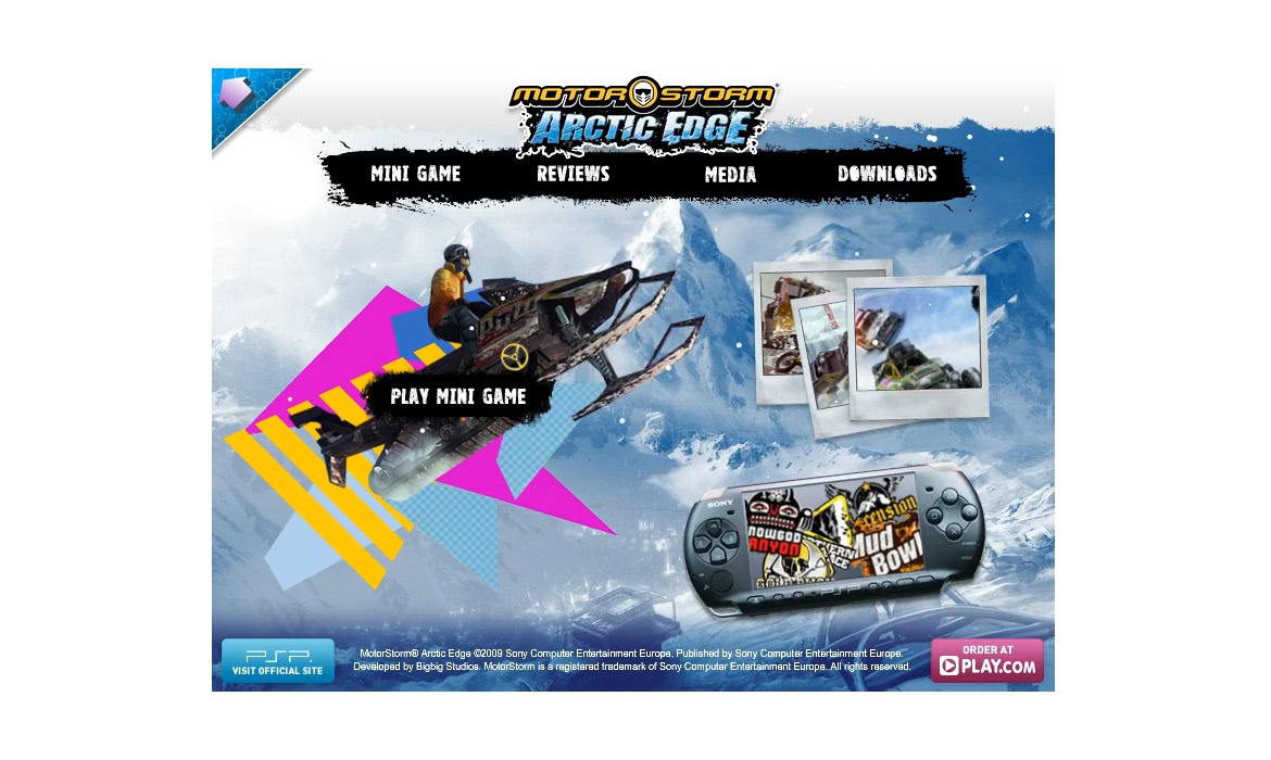 MotorStorm Arctic Edge video game cover featuring snowmobiles and snow-covered mountains, with menu options and promotional images.