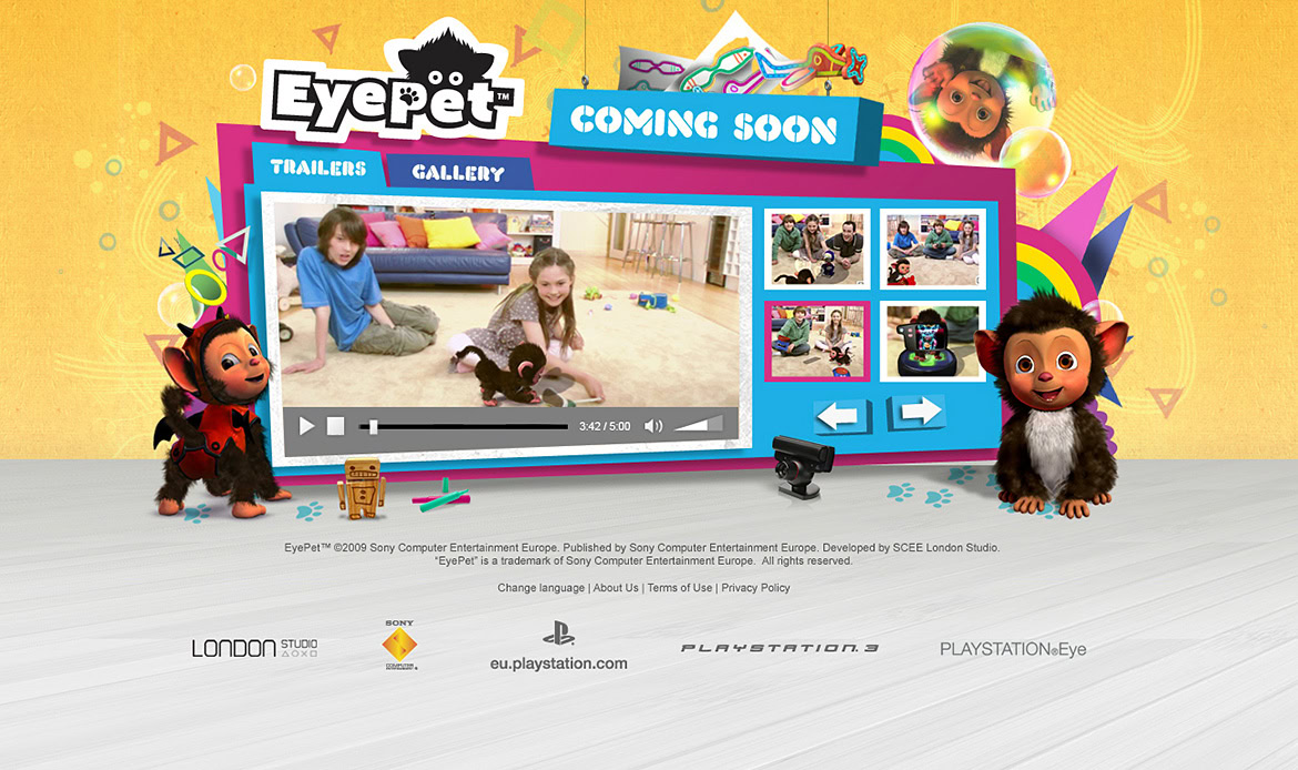 A colourful promotional image for EyePet featuring animated characters, a video player, and a game interface with children playing.