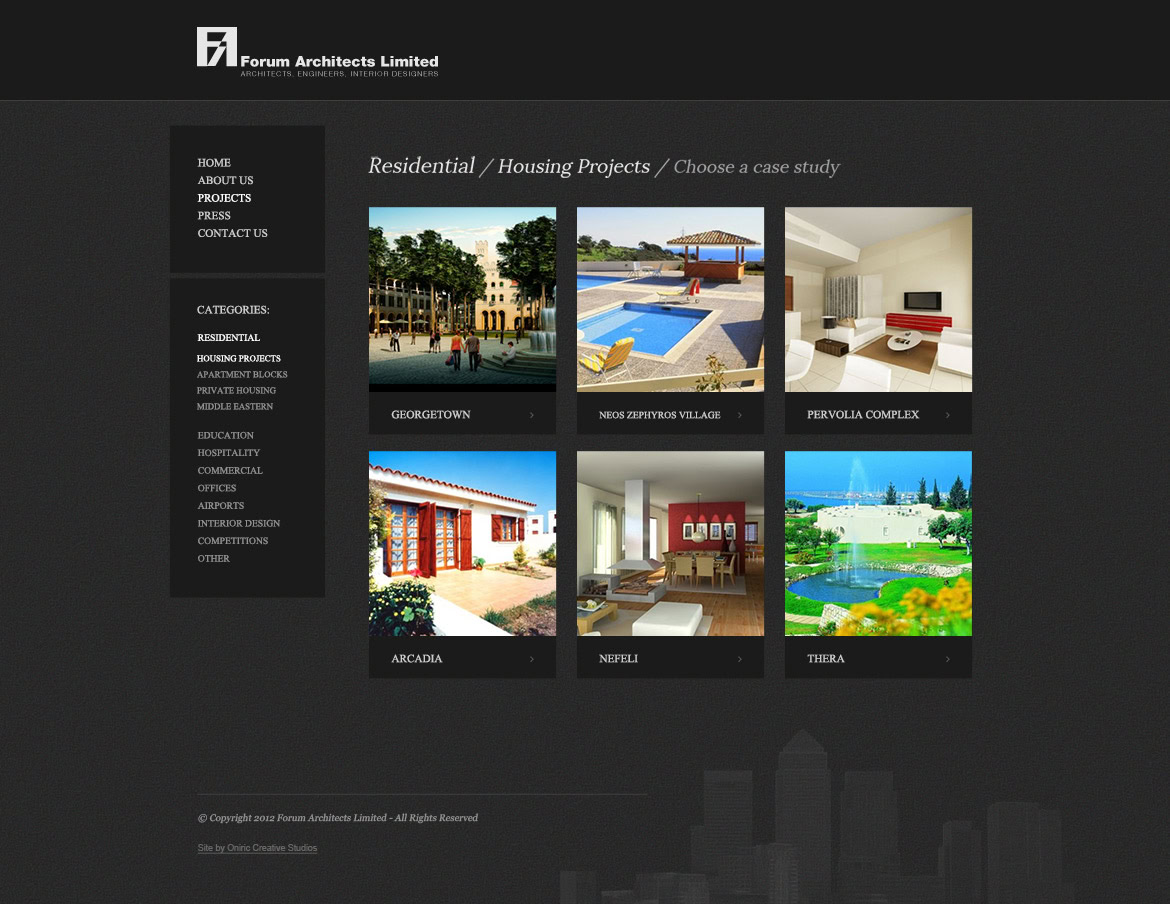 A grid of six residential housing project images, including modern and traditional styles, with a website menu on the left.